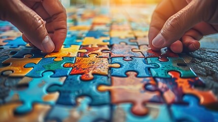 Wall Mural - An image of hands assembling a puzzle, representing collaborative problem-solving. stock image