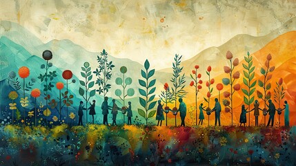 Poster - A painting of people planting and nurturing a garden together, symbolizing cooperative growth. stock photo