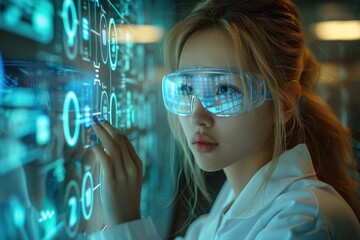 A woman wearing protective goggles is watching an electric screen