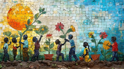 Poster - A painting of people planting and nurturing a garden together, symbolizing cooperative growth. stock image