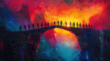 Wall Mural - A painting of a bridge constructed by a team, symbolizing overcoming obstacles through cooperation. photo