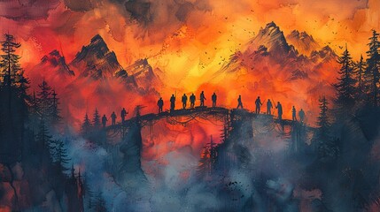 Poster - A painting of a bridge constructed by a team, symbolizing overcoming obstacles through cooperation. image
