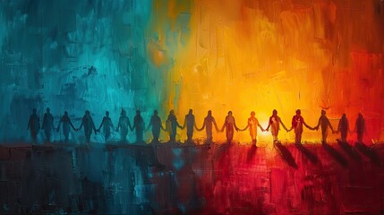 Wall Mural - A painting of a sunrise with people holding hands, representing hope and growth through collective effort. stock photo
