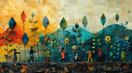Poster - A painting of people planting seeds together, symbolizing sowing the seeds of growth through cooperation. stock photo