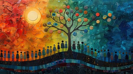 Poster - A painting of people planting seeds together, symbolizing sowing the seeds of growth through cooperation. photo