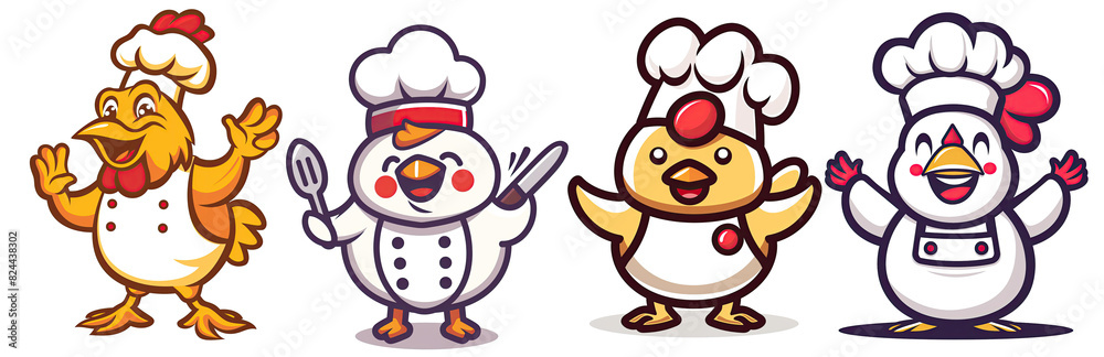 Set of cute chicken as chef logos, emblems, labels, badges. vector ...