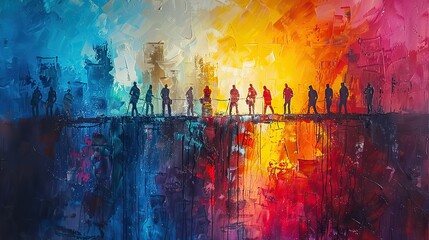 Fototapete - A painting of people working together to build a bridge, representing overcoming barriers through teamwork. stock image