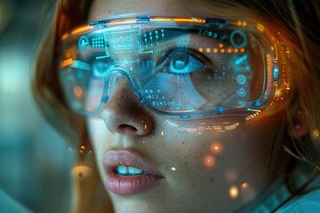 A woman wearing protective goggles is watching an electric screen