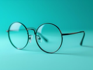 Designer eyeglasses, thin metal frame, isolated on a soft teal background, floating with shadows beneath