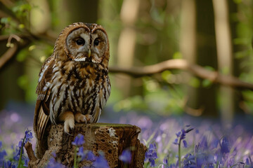 Wall Mural - A tawny owl sitting on an old tree trunk in the middle of bluebells