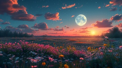 nature background, moonrise over a flower field: an enchanting view of the moon rising over a field 