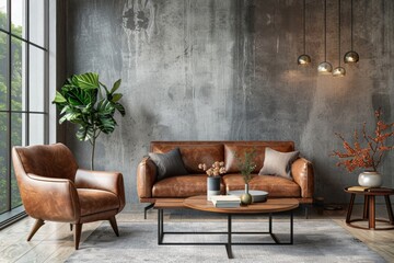 3d rendering of a modern interior design with a gray concrete wall, brown leather sofa and armchair 