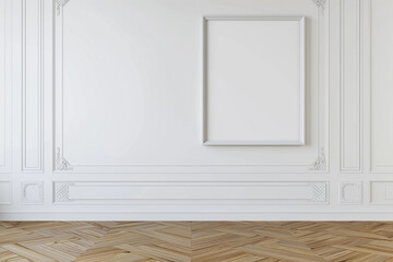 Minimalist empty room with a blank frame on a white wall and a parquet floor. High-definition 3D mockup.