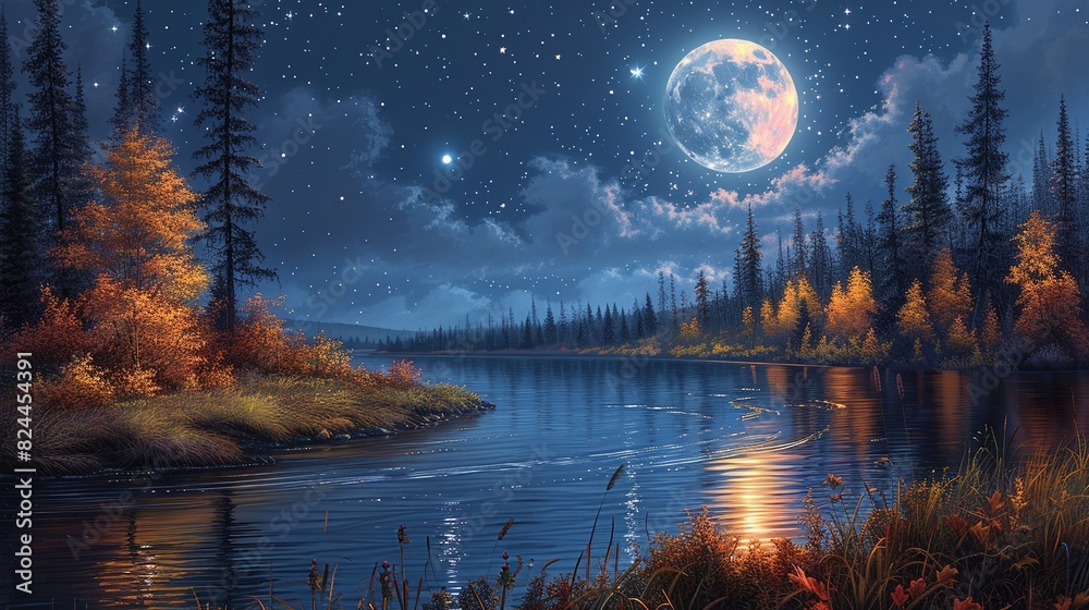 Nature Background, Moonlit River Through an Autumn Forest: A calm river ...