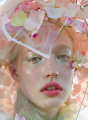  A close-up of a model with pale skin and blonde hair adorned with delicate flowers and ethereal makeup. Dreamy and soft fashion portrait with floral accents and translucent elements.