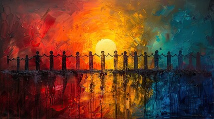 Poster - A painting of a group of people holding hands around a rising sun, representing collective effort for a bright future. stock photo
