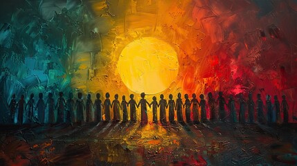 Poster - A painting of a group of people holding hands around a rising sun, representing collective effort for a bright future. stock image