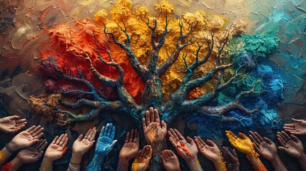Poster - An abstract artwork of a tree with branches formed by interconnected hands, symbolizing the strength of unity and growth. stock photo