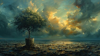 Poster - A conceptual painting of a tree growing from a barren landscape, representing renewal and growth. image