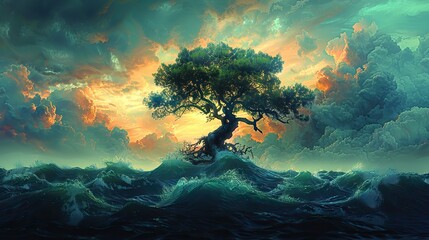Poster - An illustration of a tree flourishing after a storm, symbolizing resilience. stock image