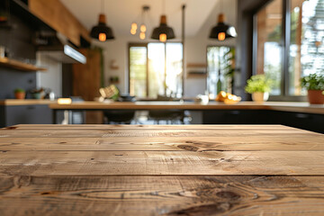 Wood table top on blur kitchen counter (room)background.