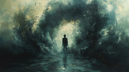 Poster - A painting of a person emerging from shadows, representing personal transformation. photo