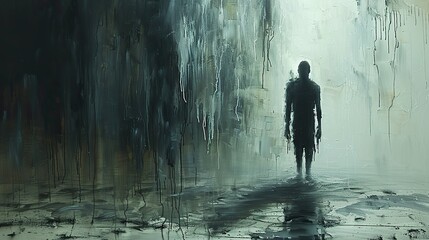 Poster - A painting of a person emerging from shadows, representing personal transformation. stock image