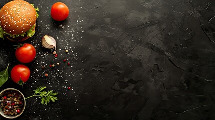 Wall Mural - Ingredients for making a burger on a black background with space for text
