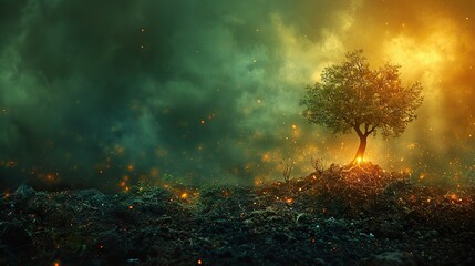 Poster - An abstract depiction of a barren land turning into a lush garden, symbolizing rebirth. stock image