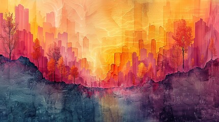 Poster - An abstract depiction of a landscape transforming into a vibrant garden, symbolizing renewal. image