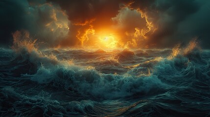 Poster - An image of a sun rising over a stormy sea, representing hope and new beginnings. stock image