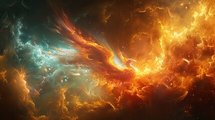 Poster - An abstract image of a phoenix rising towards the sky, symbolizing resurgence. image