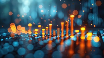 Poster - a bar chart with ascending bars and a blue background, representing corporate growth. stock image