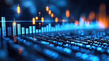Poster - a bar chart with ascending bars and a financial news backdrop, indicating market optimism. stock pho