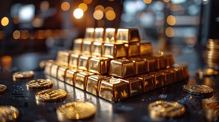 Poster - A bar chart with gold bars growing taller, representing wealth accumulation. stock photo