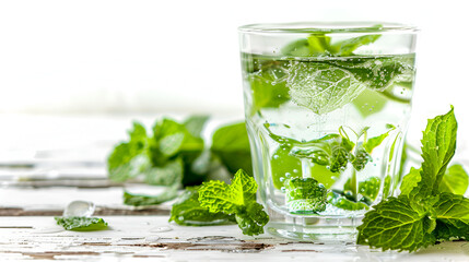 Wall Mural - Fresh homemade mojito cocktail in a tall glass with lime, mint and ice on a white background, copy space ,Mojito drink cocktail with rum, limes, mint and ice cubes ,Glass of mojito cocktail and ingred