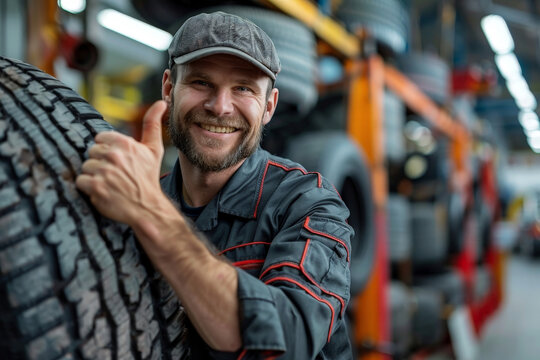 Auto mechanic , a man thumbs up and holding a car tire. created with Generative AI technology.