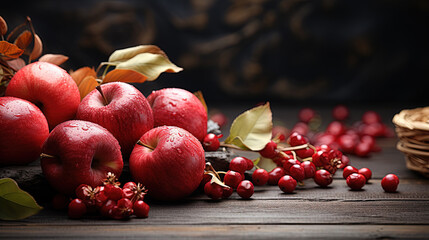 Wall Mural - Rustic Fall Background With Red Leaves and Fresh Apples on Blurry Background