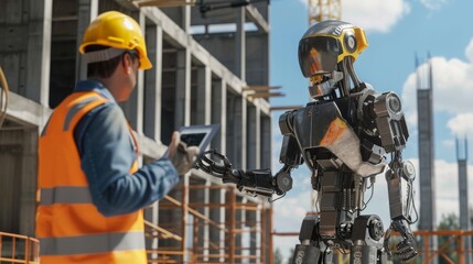 Wall Mural - Construction Worker Interacting with Robot