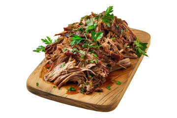 Slow cooked pulled pork tender and juicy meat isolated on white background