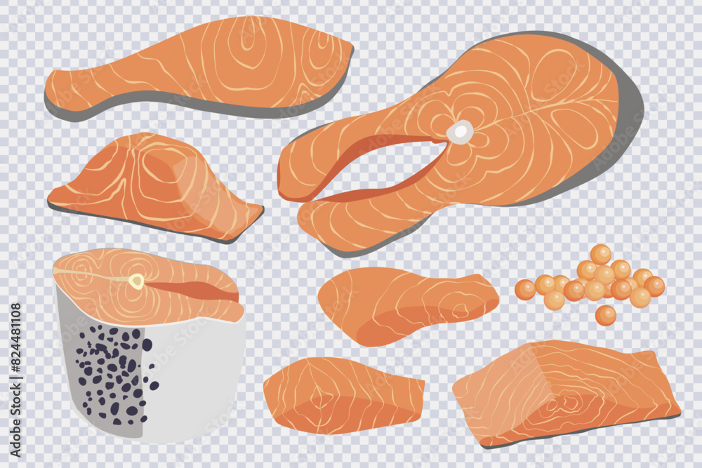 Pieces of red fish. Red fish steak, salmon fillet, caviar in flat style ...
