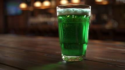 Wall Mural - Green beer in a glass on a bar with lights ,Glass with green liquid against a blurry street , green beer in blurred bar interior background ,green beer isolated on a black background