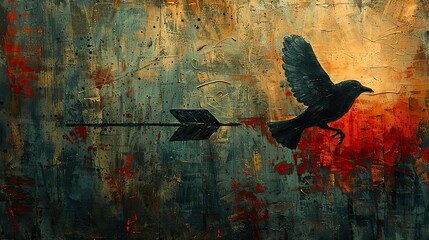 Poster - A conceptual painting of a bird flying alongside a rising arrow, symbolizing freedom and expansion. stock photo