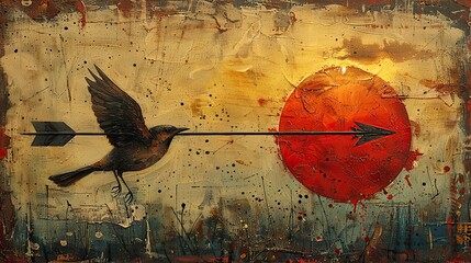 Poster - A conceptual painting of a bird flying alongside a rising arrow, symbolizing freedom and expansion. image