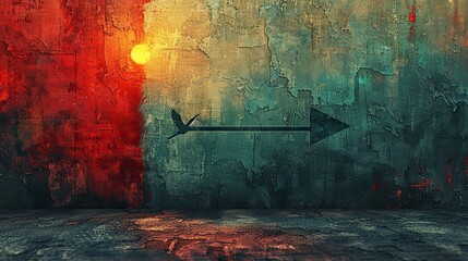Poster - A conceptual painting of a bird flying next to a rising arrow, symbolizing freedom and expansion. stock photo