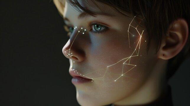 Face recognition markings on the face of a short-haired young woman