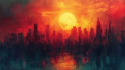 Poster - A conceptual painting of a rising sun next to a bar chart, symbolizing the dawn of growth. photo