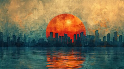 Poster - A conceptual painting of a rising sun next to a bar chart, symbolizing the dawn of growth. image