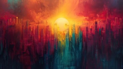 Poster - A conceptual painting of a sun shining over a growing bar chart, symbolizing bright future prospects. stock image