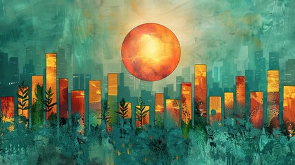 Poster - A conceptual painting of a sun shining over a growing bar chart, symbolizing bright future prospects. photo